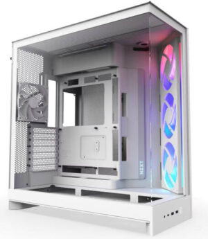 NZXT H9 Flow RGB, Dual-Chamber ATX Mid-Tower Case High-Airflow Design with Panoramic Tempered Glass, Supports Dual 360mm Radiators, Up to 10 Fans, Up To E-ATX Compatibility, White | CM-H92FW-R1