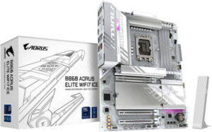 GIGABYTE B860 Aorus Elite Ice LGA 1851 ATX Motherboard, Intel B860 Chipset, 4x DIMM DDR5 Slots, Up to 256GB Max Memory, 1x PCIe 5.0 x16 Slots, 3x M.2 Slots, WiFi & BT, White | B860-A-ELITE-WF7-ICE