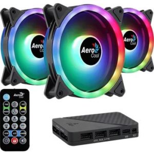 Aerocool Duo 12 Pro Kit Case Fan, 3x120mm Fans, ARGB Hub & Remote, Hydraulic Bearing, 1000RPM, 33.4CFM Airflow, 19.7dB, 6-pin, 3 Pack | AC-DUO-12-PRO