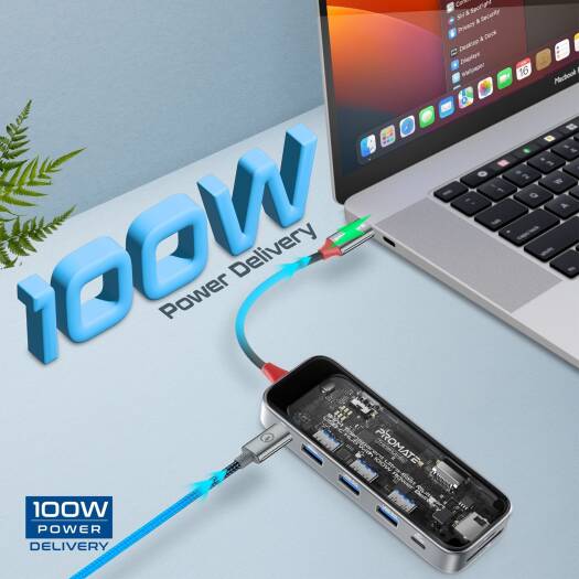 Promate 9-in-1 Multi-Port USB Hub With 100W PD, 5Gbps Transfer Rate, 1000Mbps LAN, 4K HDMI Port, RJ45 Port, USB-C, 1 x USB-A 3.0/ 2 x 2.0 Ports, SD/TF Card Slots, Transparent | TransHub-Go - Image 7
