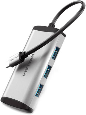 Vention Type-C to USB3.0*4/Micro USB Hub, 5 in 1, Data Transmission, Support Large Capacity Hard Disks, Good Heat Dissipation, High Performence Chip, Small and Portable, Metal Type, Gray | TGCHB