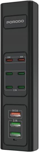 Porodo 85W Multi-Port USB Charging HUB, 6 USB Type-C Plug & 3 USB-A Plug, PD 35W, Built-In Safeguards, Simultaneous Charging, PD 35W, 2m Cable Length, UK Plug - Black