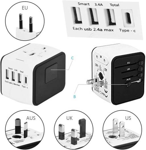 Generic Travel Adapter, Universal International Power Adapter with 3USB Port And Type-C International Wall Charger Worldwide AC Power Plug for Multi-nation Travel UK, EU, AU Over 200 Countries, White - Image 3