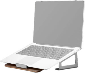 Navodesk Wooden Laptop Riser Stand, Non-toxic Silicone Pads and StoppersOpen Access Cable Mgt, Ergonomic Desk Accessory for Macbook & Notebook, Universal Laptop Stand, Silver / Brown | B0BYNN6BSH