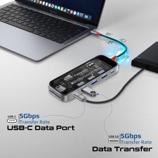 Promate 9-in-1 Multi-Port USB Hub With 100W PD, 5Gbps Transfer Rate, 1000Mbps LAN, 4K HDMI Port, RJ45 Port, USB-C, 1 x USB-A 3.0/ 2 x 2.0 Ports, SD/TF Card Slots, Transparent | TransHub-Go - Image 4