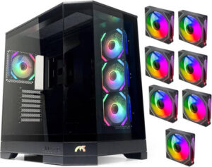 Tortox Prism ATX Full Tower Case, 7x Pre-Installed 120mm ARGB PWM Fans, Up to 360mm Radiator Support & 10x Fan Support, Triple Tempered Glass Panel, O-Screw Snap Joint, SPCC Material, Black | PRISMB