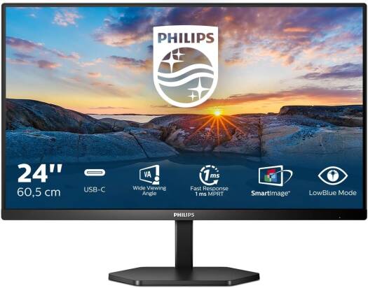 Philips 3000 Series USB-C Monitor, 24" IPS Display, FHD Resolution, 75Hz Refresh Rate, 1ms (MPRT) Response Time, AMD FreeSync Technology, SmartImage Game Enhancement, Black | 24E1N3300A