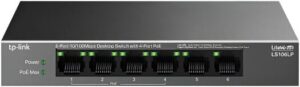 TP-Link 6-Port 10/100Mbps Desktop Switch with 4-Port PoE, 41W, 250m PoE Transmission, PoE Auto Recovery, Plug And Play, Silent Operation, Fanless Design, Reliable Hardware Design, Black | LS106LP