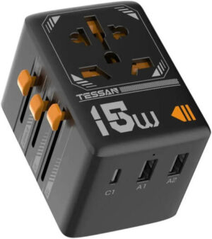 TESSAN International 15W Travel Adapter Plug,1 USB C, 2 USB Charging Ports, 15W Total DC Output, 10A Maximum Load, Black | TS-WTA01