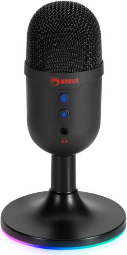 MARVO MIC-06 RGB Microphone, USB Plug & Play For Easily Use, RGB Lighting Effect, Unique Light Transmission Effect, Microphone With Noise-Cancelling Function, Easy-To-Reach Controls, Black | MIC-06-BK
