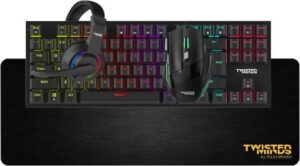 Twisted Mind Fusion 4-In-1 Gaming Bundle, Wired Mechanical, 87 Keys, Blue Switch, DPI Adjustable Up to 3600, 7 Color LED Light, 40mm Driver Headset, 400 x 900 x 3mm Mousepad, Black | TM-FUSION-X