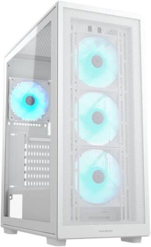 Cougar MX220 RGB Mid Tower Computer Case, 4x 120mm aRGB Pre-Installed Fan, Up to 360mm Radiator & 6x Fan Support, Ultraslim Front Panel Mesh, White | 382AC80.0002