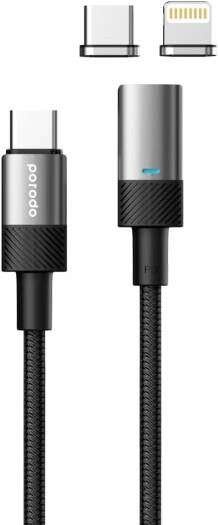 Porodo Braided 100W PD C to C+L Fast Charging cable with Magnetic Head 1.2M - Black
