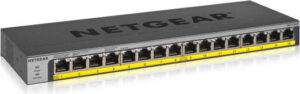 Netgear 16-Port Gigabit Ethernet PoE+ Switch, 76W Power, 32 Gb/s Bandwidth, 803.3at/802.3af Support, 1 RU Rack, Plug & Play, Gray | GS116LP-100EUS