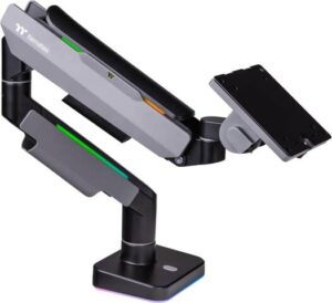 Thermaltake Single Heavy Duty RGB Monitor Arm for up to 49 inchs and 44 lbs Screen, 100 x 100 mm VESA Compatible, Wide Rage Movements, Gray | GEA-MSR-SMSBLK-01