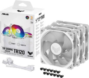 ASUS TUF Gaming TR120 ARGB Standarad Blade Fan, 120mm Fans, Up to 2000 rpm Fan Speed, 77.4 CFM Airflow, Aura Sync Compatiblity, PWM Control, Tripple Pack, White | 90DA0093-B09020