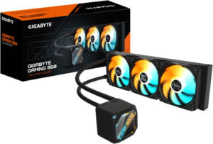 GIGABYTE Gaming 360 Liquid CPU Cooler, 360mm Radiator, 3x 120mm ARGB Fan, 2200 RPM Fan Speed, 61.61 CFM Max Airflow, FEP Tube with Nylon Sleeve Material, Black | GME-360