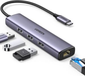UGREEN USB C To Ethernet Adapter, 4 In 1 USB C Hub With 3 USB 3.0 Ports/Gigabit Rj45, Plug & Play, Thunderbolt To Network Adapter For MacBook Pro/Air, XPS, iPad Pro, iPhone 15 Pro/Max | 60600