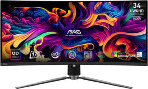 MSI MAG 341CQP Curved Gaming Monitor, 34" UWQHD QD-OLED Display, 175Hz Refresh Rate, 0.03ms (GtG) Response Time,1800R Curvature, AdaptiveSync Technology, Black | 341CQP