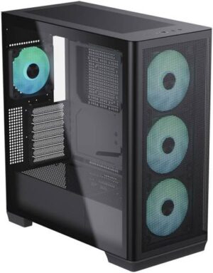 AEROCOOL C1 Mid-Tower ATX PC Case, High Air Flow, 4 Pre-installed 30mm APNX FP1 Fans, Support Up to 360mm Radiators, Cable Management, USB3.0 x 2 / USB C x 1 / HD Audio, Black | C1-BK-v1