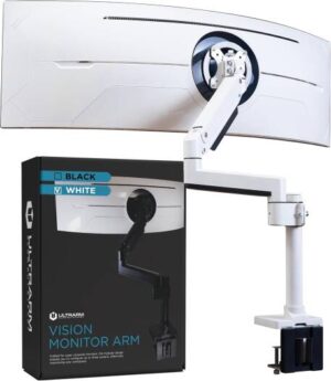 Heavy Duty Monitor Arm for Ultrawide Monitors up to 57" and 20KGS, Single Desk Stand, Pneumatic Height Adjustable, Modular Extension Arms, Max VESA 100x100, White | MA20PW-S