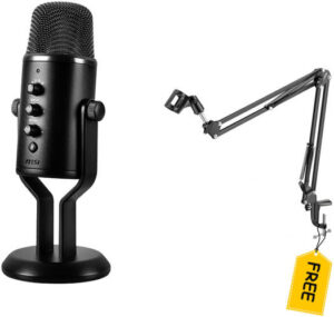 MSI Immerse GV60 Streaming Microphone with Free Studio Broadcast Stand, 4-Bit, 96 kHz Audio, Cardioid for Solo, Figure-8 for 2 People, Stereo for ASMR, 3.5mm Monitoring Jack with Level Control, Black
