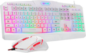 Redragon S101 Wired RGB Backlit Gaming Keyboard and Mouse, 3200 Adjustable DPI Mouse, 5 Programmable Buttons, Non-Slip, Splash-Proof, Adjustable Keyboard Feet, White | S101W-V2