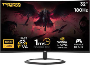 Twisted Minds TM32CFHD180VA Curved Gaming Monitor, 32" FHD VA Display, 180Hz Refresh Rate, 1ms (GtG) Response Time, R1500 Curvature, Aspect Ratio 16 9, HDMI & DP Ports, Black | TM32CFHD180VA