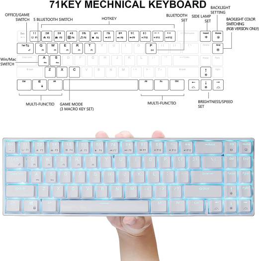 RK ROYAL KLUDGE RK71 Mechanical Keyboard, Compact Bluetooth, 71 Keys, USB Wired/Wireless Portable Gaming/Office with Stand-Alone Arrow Keys, For Windows MacOS, Brown Switch, White | RK71 _brown - Image 2