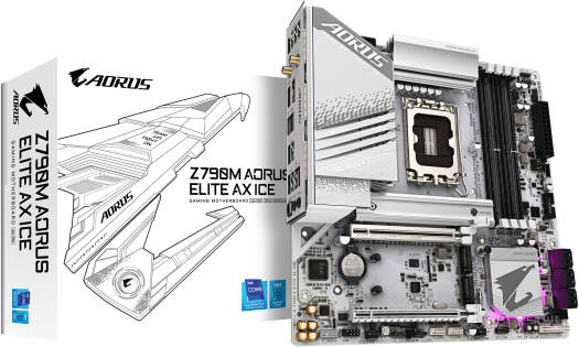 GIGABYTE Z790M Aorus Elite AX Ice Micro ATX LGA 1700 Motherboard, Intel Z790 Chipset, 4x DDR5 DIMM Slots, Up to 256GB Max Memory, 1x PCIe 5.0 x16, 3x Gen 4 M.2 Slots, White | Z790M-A-ELITE-AX-ICE