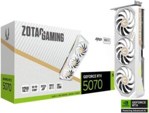 ZOTAC GAMING GeForce RTX 5070 AMP Graphics Card, 12GB GDDR7 192-Bit Memory, 2587 MHz Engine Clock, 28 Gbps Memory Clock, 6144 CUDA Cores, PCI Express 5.0 x16, White | ZT-B50700FQ-10P