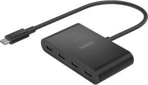Belkin Connect USB-C to 4-Port USB-C Hub, 10 Gb/s Max Data Transfer Rate, 100W USB Power Delivery Pass-through, 4 x USB-C 3.2 Gen 2 Female Port, 1 x USB-C Male Connector, Black | AVC018btBK