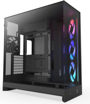 NZXT H9 Flow RGB, Dual-Chamber ATX Mid-Tower Case High-Airflow Design with Panoramic Tempered Glass, Supports Dual 360mm Radiators, Up to 10 Fans, Up To E-ATX Compatibility, Black | CM-H92FB-R1