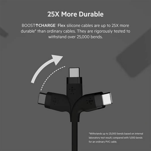 Belkin Boost Charge Flex Silicone USB Type C to C Cable,1M/3.3FT, USB-IF Certified Power Delivery PD Fast Charging Cable For MacBook Pro, iPad Pro, Galaxy S21, Ultra, Black | CAB009bt1MBK - Image 3