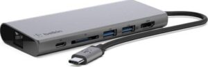 Belkin Connect USB-C 6-in-1 Multiport Adapter, 2x USB3.0/3.1 Type-A, USB3.0/3.1 Type-C, HDMI1.4, RJ45, SDHC Card Reader Ports, Up to 5Gbps Data Transfer, 12.7cm Cable Length, Grey | AVC008BTSGY