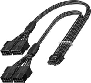 Fasgear PCI-e 5.0 Extension Cable, 16Pin(12+4) Male to PCI-E 5.0 4x8(6+2) Pin Female, 6AWG Tinned Copper Wire, Up to 600W, Compatible for GPU RTX 3090Ti 4080 4090 4070Ti, 40cm, Black | FG-16PF02