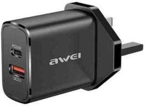 AWEI Dual Output Fast Charging Adapter, USB C AC 100-240V, 20W Power Delivery, USB C Output, UK Plug, 3 Pin Plug, Black | PD81-UK