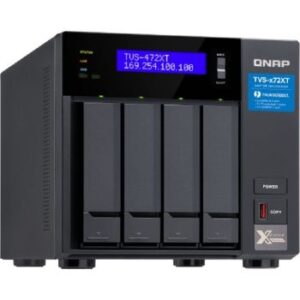 QNAP 4 Bay Thunderbolt NAS Enclosure, Intel Pentium G5400T Dual-Core 3.1 GHz, With 4GB RAM, 10GbE, Gigabit Ethernet, M.2 PCIe NVMe SSD Slots, Up to 1158 MB/s File Transfer Speeds, Black | TVS-472XT