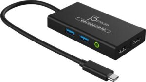 J5create Video Capture USB Hub, 2x USB-C, 2x HDMI, 3.5mm Audio Jack 2x USB-A Ports, Up to 60W via USB-C Power Delivery 4K @ 30 Hz Resolution, Black | JVA01