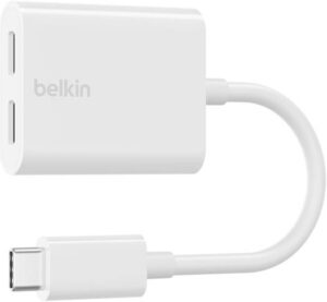 Belkin RockStar USB-C Audio + Charge Adapter, Fast Charging, Up to 60W Power Delivery, 2x USB-C Ports, High-resolution Audio Quality, White | F7U081btWH
