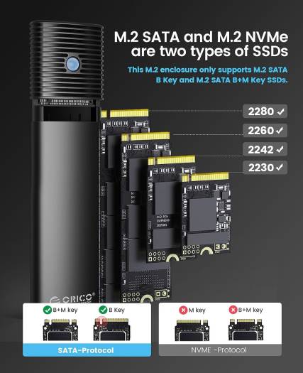 ORICO Aluminum M.2 SATA SSD Enclosure, Tool-Free 5Gbps USB-C Adapter, USB 3.2 M.2 SATA Reader, For 4TB 2230/2242 /2260/2280 SATA-Based B-Key/B+M-Key SSDs, Black | PWM2-BK-EP - Image 4