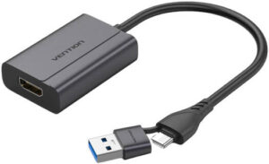 Vention ACY USB-C + USB-A To HDMI Adapter, 1080P@60Hz Resolution, 3.8mm OD, PVC Jacket, Aluminum Alloy Type Shell, Maximize Efficiency, Portable & Durable, 0.15M Length, Space Gray | ACYHB