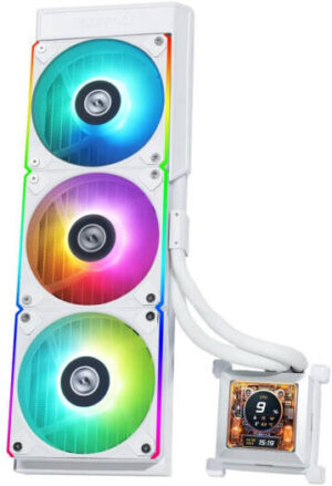 Lian-Li HydroShift LCD 360R AIO Liquid CPU Cooler, 360mm Radiator, 2.88" IPS Display, 3800 RPM Pump Speed, 2400 RPM Fan Speed, 79.9 CFM Airflow, FBD Bearing Type, White | G89.GHSLCD36RW.00