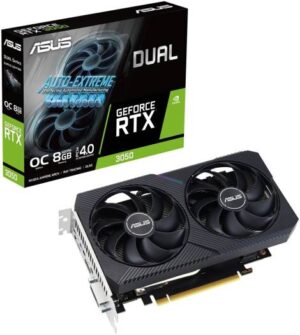 Asus Dual GeForce RTX™ 3050 V2 OC Edition Graphics Card, 8GB GDDR6 128-Bit Memory, 1852 MHz OC Boost Clock, 2560 CUDA Cores, 14 Gbps Memory Speed, PCI Express 4.0 | 90YV0GH6-M0NA00
