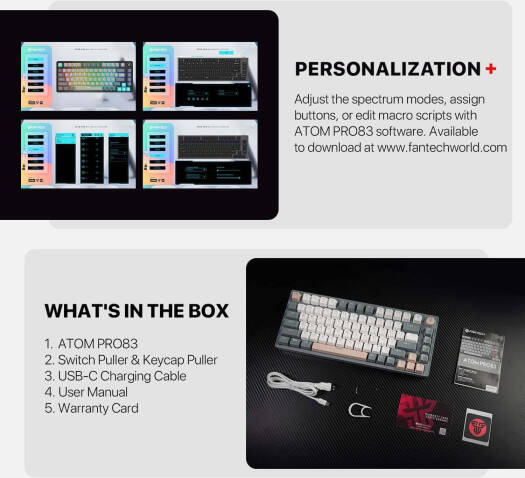Fantech Atom Pro83 75% Mechanical Gaming Keyboard, 83 Keys, Hotswappable Keys,22 RGB Lighting Modes, Anti-Ghosting Keys, Red Switch, Adjustable Feet, 2.4GHz, BT5.0, Wired, 2000mAh, Saturn | MK913 - Image 5