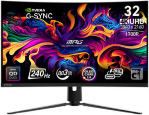 MSI MPG 321CURX Gaming Monitor, 32" QD-OLED Display, 4K UHD Resolution, 240Hz Refresh Rate, 0.03ms (GtG) Response Time, G-Sync Compatible, 1.07b Color Support, Black | 9S6-3DD64T-008