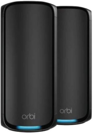 NETGEAR Orbi 970 Series Quad-band WiFi 7 Mesh, BE27000 Speed, Up to 6GHz Band, Up to 11,530 Mbps, 12 High-Performance Internal Antennas, Pack of 2, Black | RBE972SB
