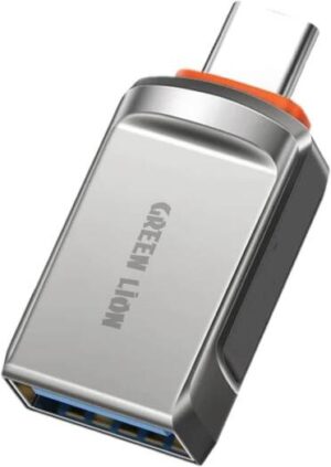 Green Lion OTG Adapter USB-A To USB-C, Wide Compatibility, Impressive Speed Transmission, Long-Term Use, Zinc Alloy Shell, 120W Charging, 480mbps Transfer, Phone/Tablet/Laptop - Gray