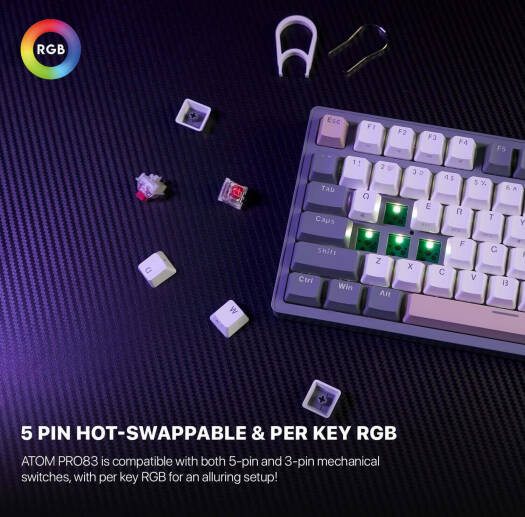 Fantech Atom Pro83 75% Mechanical Gaming Keyboard, 83 Keys, Hotswappable Keys,22 RGB Lighting Modes, Anti-Ghosting Keys, Red Switch, Adjustable Feet, 2.4GHz, BT5.0, Wired, 2000mAh, Saturn | MK913 - Image 3