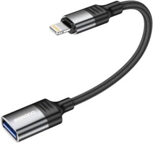 Porodo Lightning Head OTG Adapter Cable, 12CM Cable Length, USB 2.0, Up to 480Mbps Data Transfer Speed, Plug & Play, Universal Compatibility, Braided Cable - Black